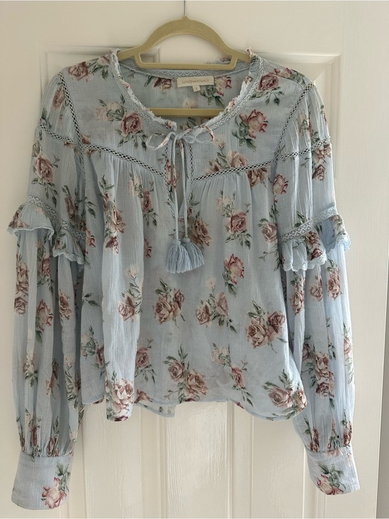 LoveShackFancy Tops - LoveShackFancy Blue Floral Tassel Peasant Blouse Size Small